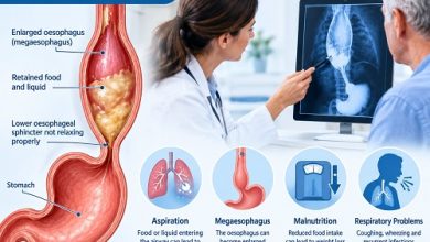 Achalasia complications showing oesophageal enlargement, aspiration and swallowing difficulties