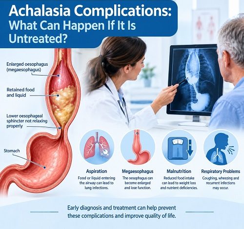 Achalasia complications showing oesophageal enlargement, aspiration and swallowing difficulties