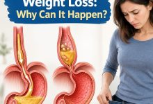 Medical illustration showing an enlarged oesophagus and a tight lower oesophageal sphincter in achalasia, explaining difficulty swallowing and weight loss.