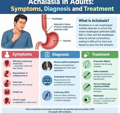 Medical illustration showing achalasia in adults, an enlarged oesophagus and a tight lower oesophageal sphincter that restricts food passage into the stomach.