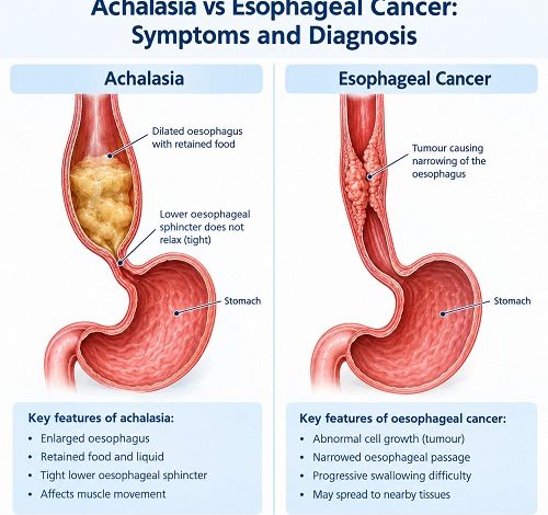 Achalasia vs esophageal cancer showing oesophageal muscle dysfunction and tumour-related narrowing
