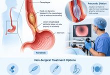 Achalasia treatment without surgery showing the oesophagus, lower oesophageal sphincter and non-surgical treatment options