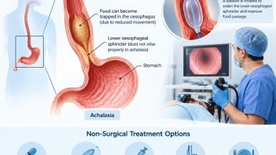Achalasia treatment without surgery showing the oesophagus, lower oesophageal sphincter and non-surgical treatment options