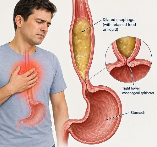 Medical illustration showing achalasia and chest pain caused by food buildup in the esophagus