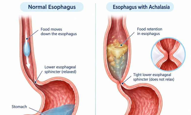 Medical illustration showing achalasia with a tight lower esophageal sphincter and food retention in the esophagus.