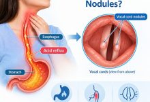 Medical illustration of vocal cord nodules and reflux-related irritation of the larynx.