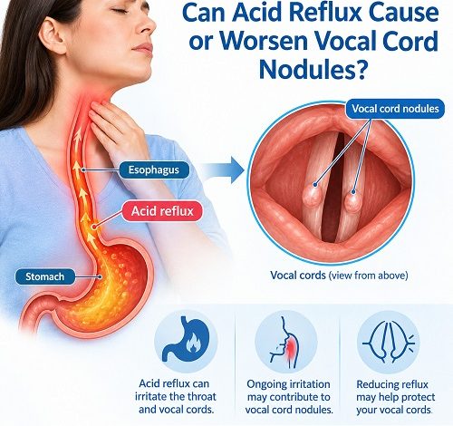 Medical illustration of vocal cord nodules and reflux-related irritation of the larynx.