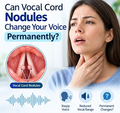Medical illustration of the vocal cords showing nodules that may cause hoarseness and changes in voice quality.