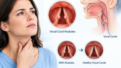 Medical illustration showing benign vocal cord nodules on the vocal folds and their effect on normal voice production.