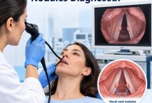 ENT specialist performing a vocal cord examination to diagnose vocal cord nodules.