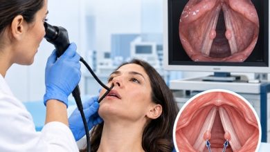 ENT specialist performing a vocal cord examination to diagnose vocal cord nodules.