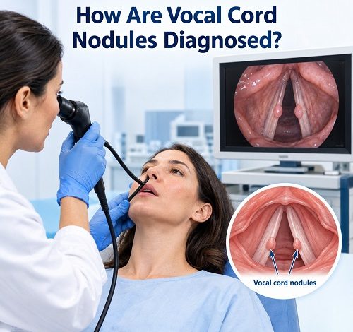 ENT specialist performing a vocal cord examination to diagnose vocal cord nodules.