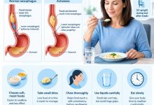 Illustration showing safe eating tips for achalasia, including soft foods, small bites, and an upright sitting position during meals.
