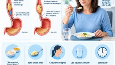 Illustration showing safe eating tips for achalasia, including soft foods, small bites, and an upright sitting position during meals.