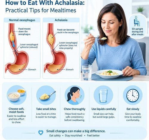 Illustration showing safe eating tips for achalasia, including soft foods, small bites, and an upright sitting position during meals.