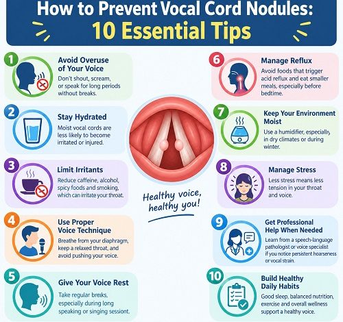 Illustration of healthy vocal cords and voice care practices to prevent vocal cord nodules.