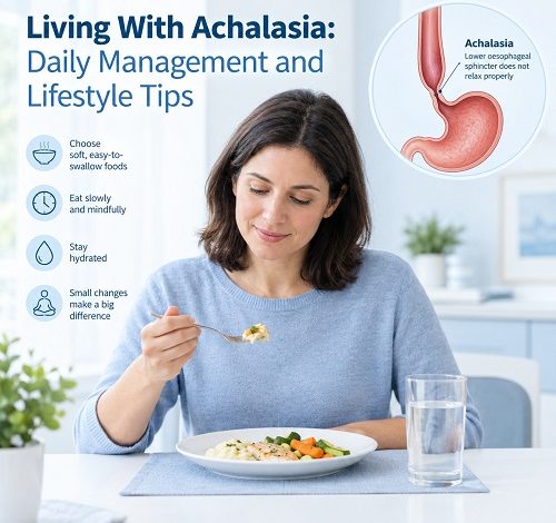 Person eating a small meal slowly at a table while managing achalasia with mindful eating habits.