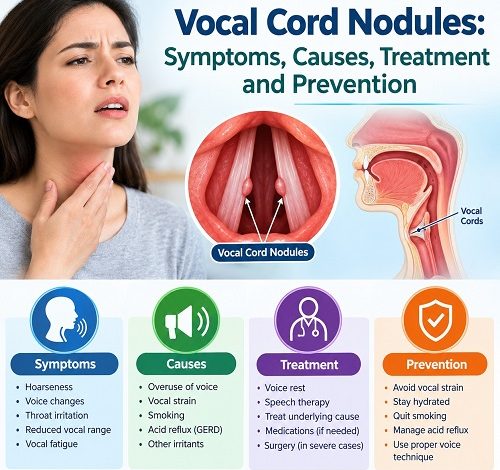 Medical illustration of vocal cord nodules on the vocal folds inside the larynx
