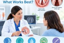 Vocal cord nodules treatment options, including voice therapy and vocal care.