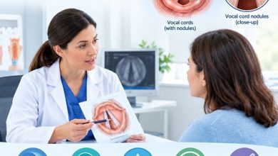 Vocal cord nodules treatment options, including voice therapy and vocal care.