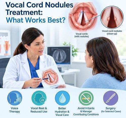 Vocal cord nodules treatment options, including voice therapy and vocal care.
