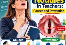 Teacher explaining a lesson in a classroom while demonstrating healthy voice use and vocal cord care.