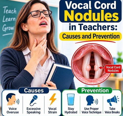 Teacher explaining a lesson in a classroom while demonstrating healthy voice use and vocal cord care.