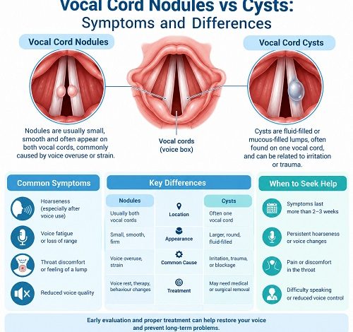 Medical illustration comparing vocal cord nodules and cysts, showing their location on the vocal folds.