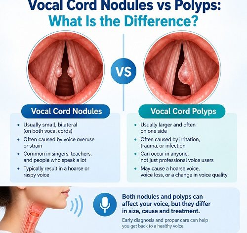 Vocal cord nodules vs polyps showing differences between two types of vocal fold lesions