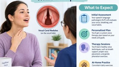 Speech-language pathologist guiding a patient through voice therapy for vocal cord nodules.
