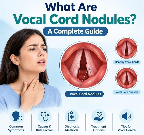 Medical illustration of vocal cord nodules on the vocal folds inside the larynx