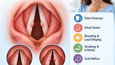 Medical illustration of vocal cord nodules caused by voice overuse and vocal strain