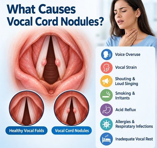 Medical illustration of vocal cord nodules caused by voice overuse and vocal strain