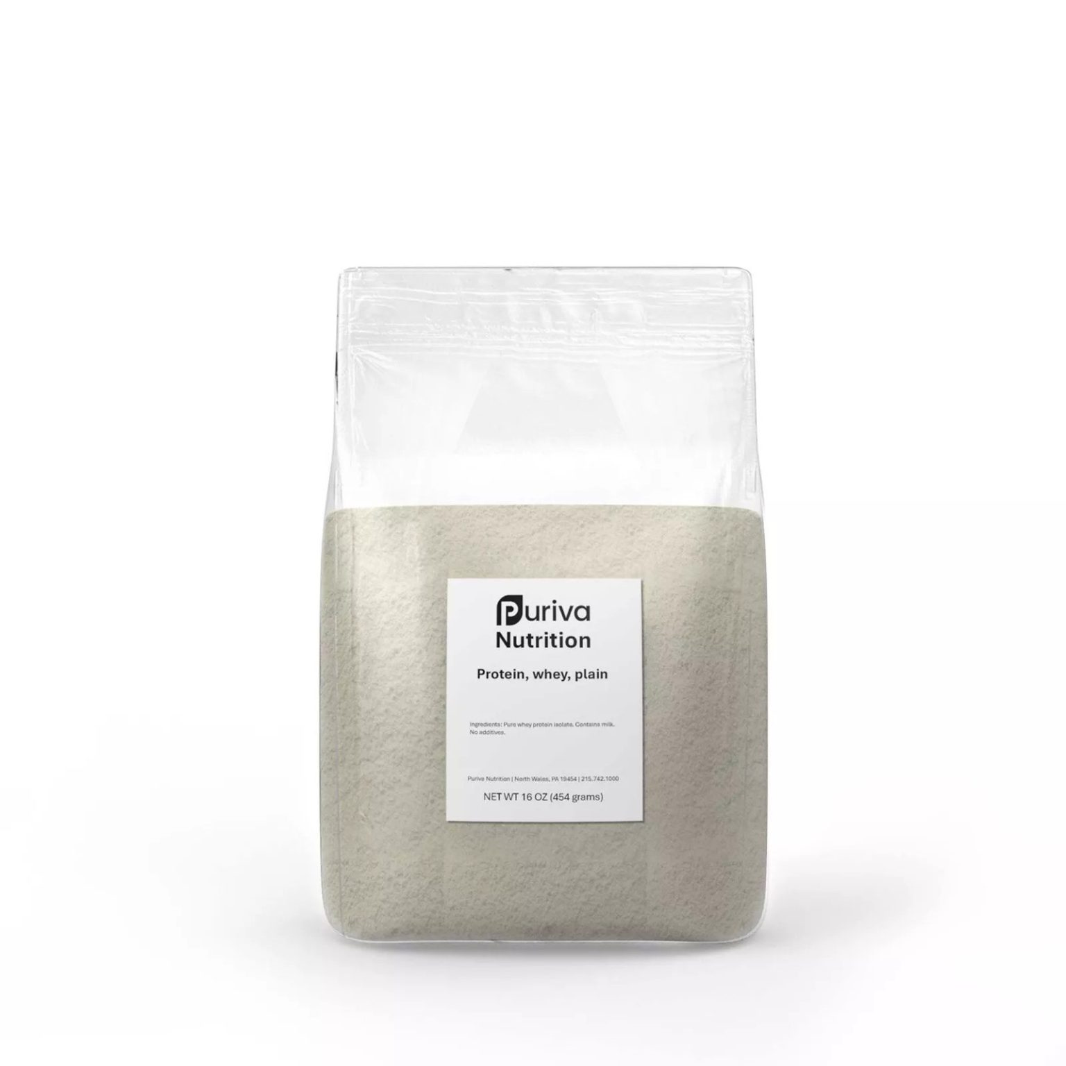 Protein powder, Whey Protein Isolate, plain, 1 pound, Puriva Nutrition